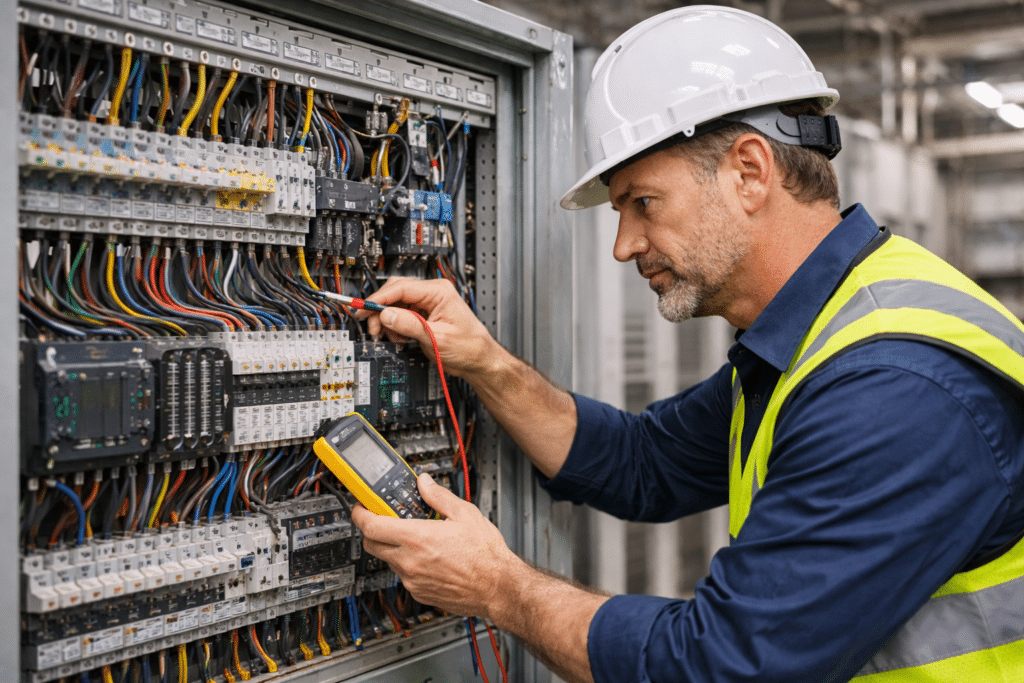 Electrical commissioning team testing building automation systems on a commercial site
