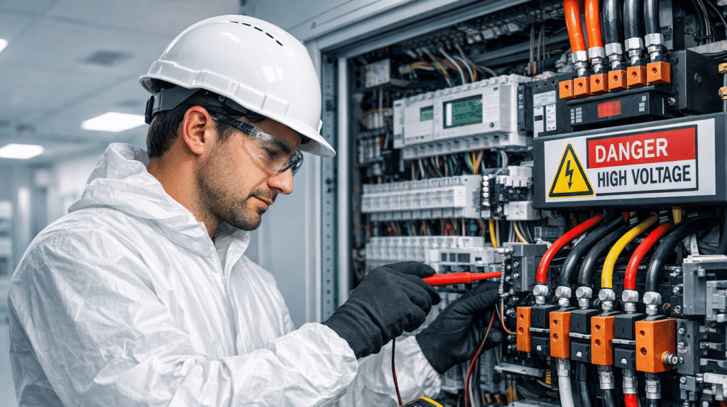 Qualified electrician installing medical-grade electrical systems in a modern healthcare facility.
